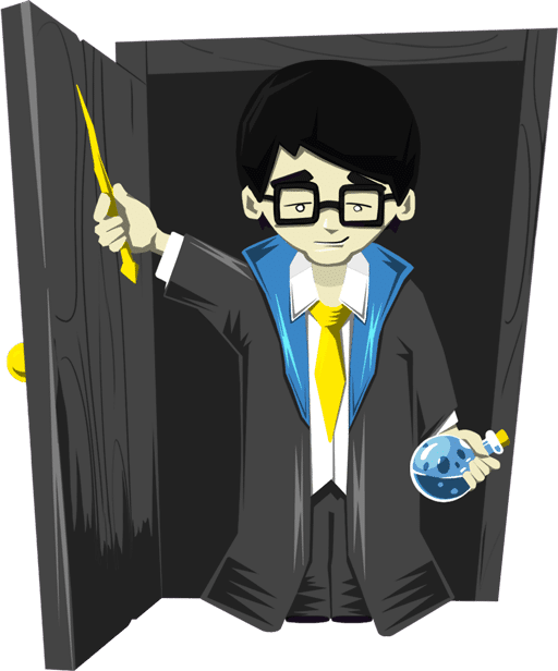 The logo for Irvine School of Wizardry and the Dragon Wand.