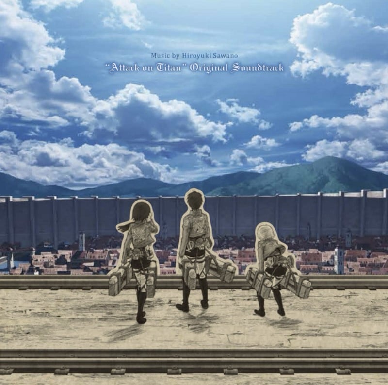 From left to right, Attack on Titan characters Mikasa Ackerman, Eren Jaeger, and Amin Arlert, looking towards the sky.