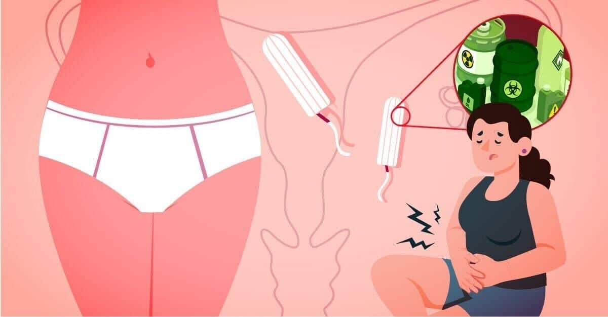Illustration featuring a feminine figure, tampons, toxic waste barrels, and a woman appearing to be experiencing cramps. An outline of an uterus sits against a pink background.