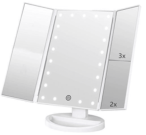 An image from amazon.com showing the back to school college dorm product: A lighted desktop vanity mirror with USB and battery charging.