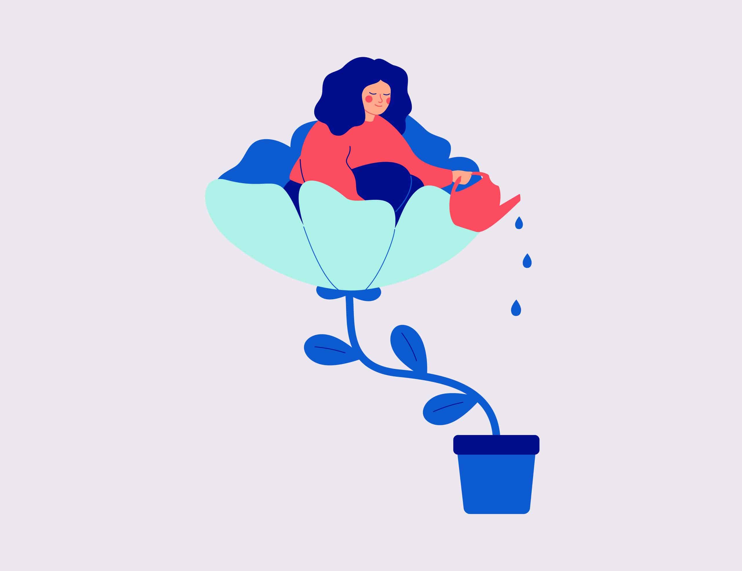 A single woman pouring water from a top of a flower she is growing on and thriving and enjoy
