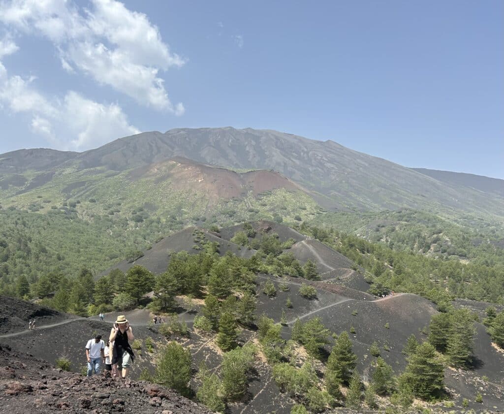 The hiking trails of Mt. Etna with its peak in the distance