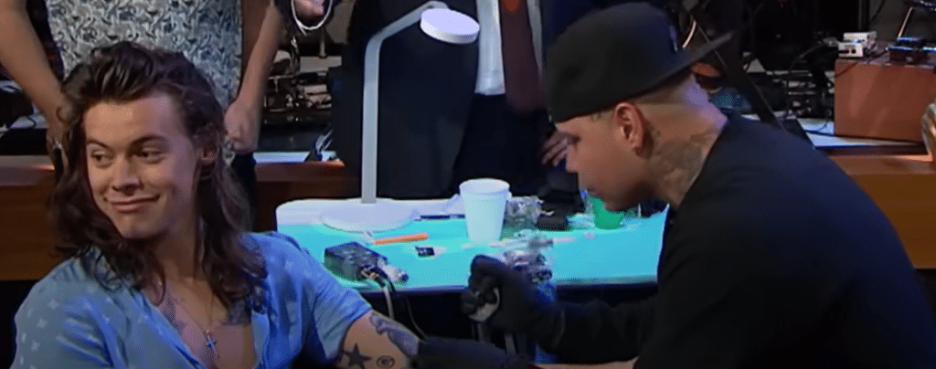 Harry Styles getting a tattoo on The Late Late Show with James Corden.
