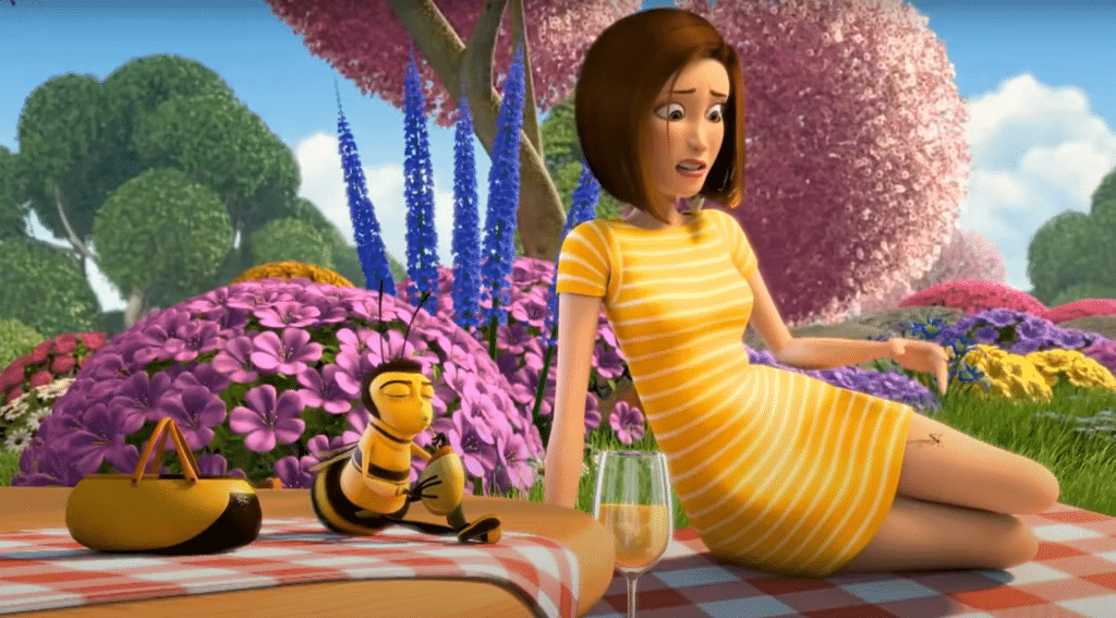 In a cartoon, a woman and a bee are having a picnic.