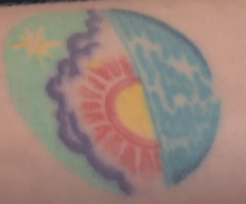 Scarlett Johansson's sunrise tattoo on her inner left forearm.