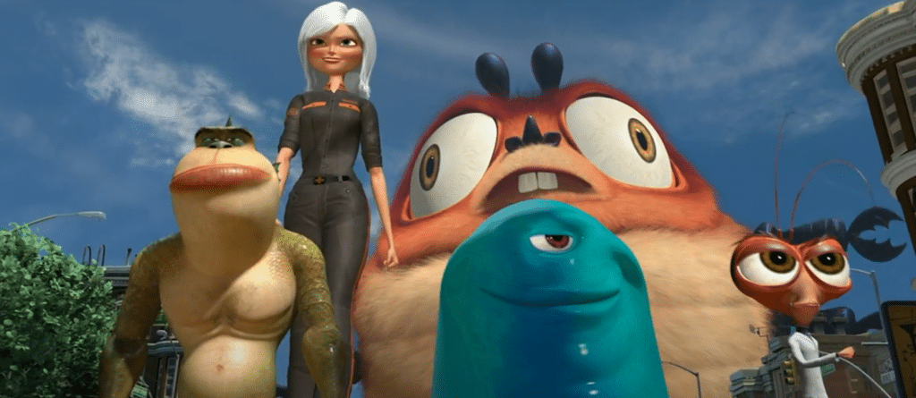 A woman is walking with a bunch of aliens consisting of blue gel with one eye, a green lizard, and a red insect in an animation.