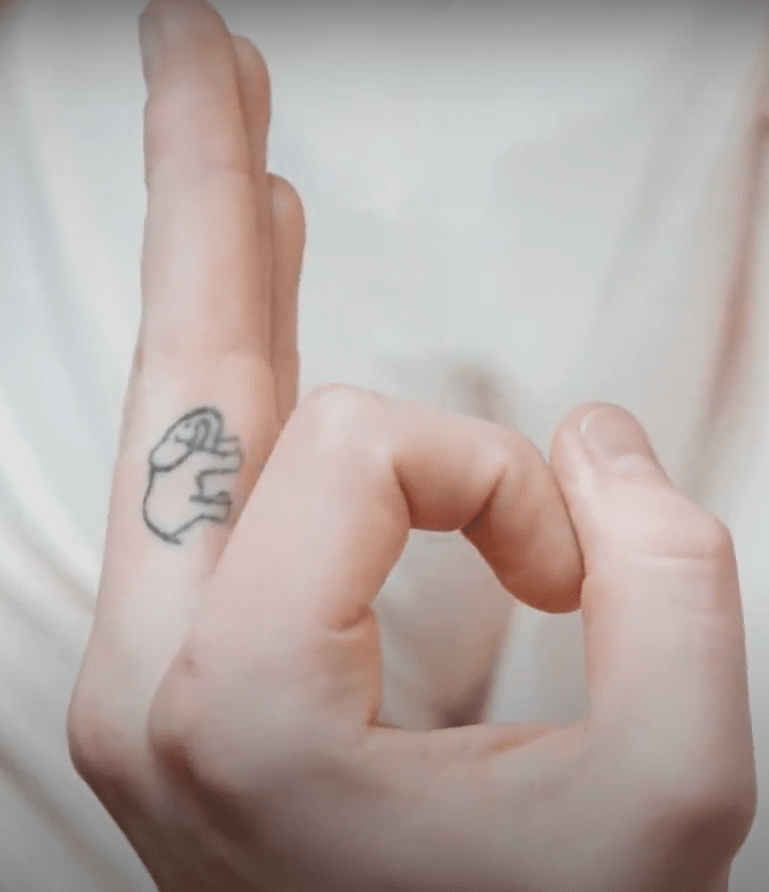 Shawn Mendes showing his small elephant tattoo on his finger.
