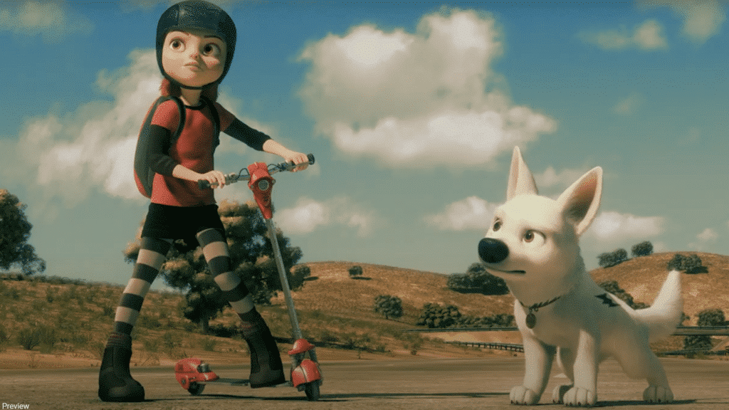 A girl on her scooter is standing next to a dog.