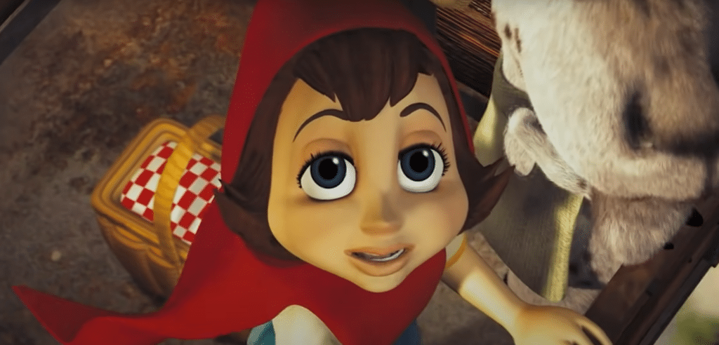 Red riding hood is looking up.