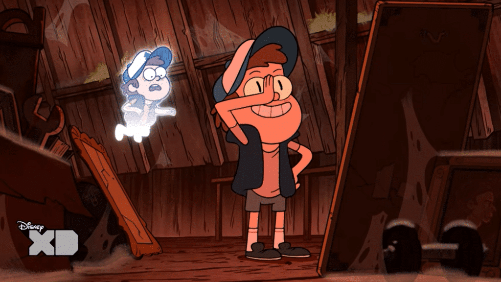 An image from the Gravity Falls episode "Sock Opera," where Dipper Pines floats in a ghost form as Bill Cipher inhabits his body.