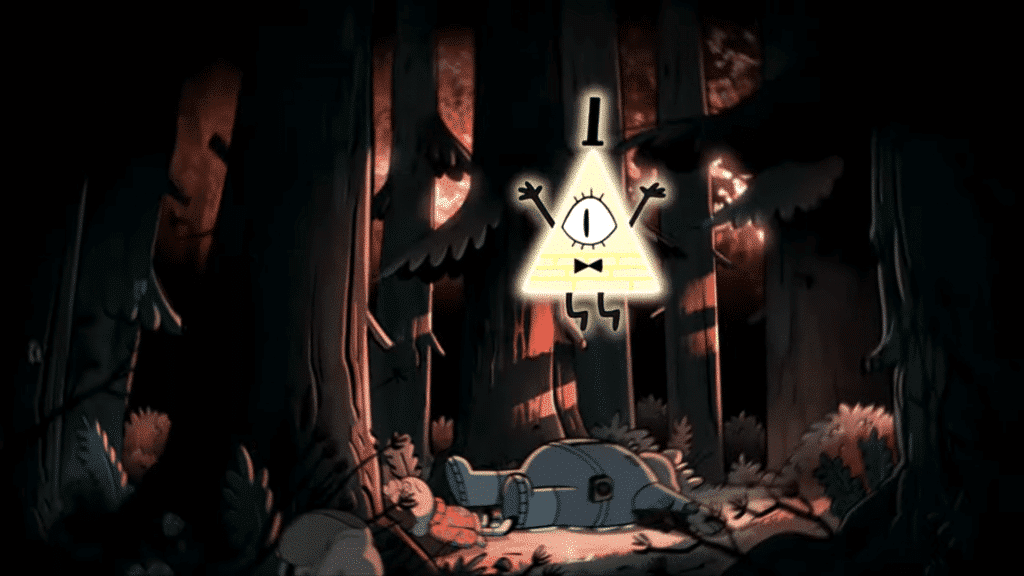 An image from Gravity Falls following Bill Cipher's possession of Blendin Blandin.