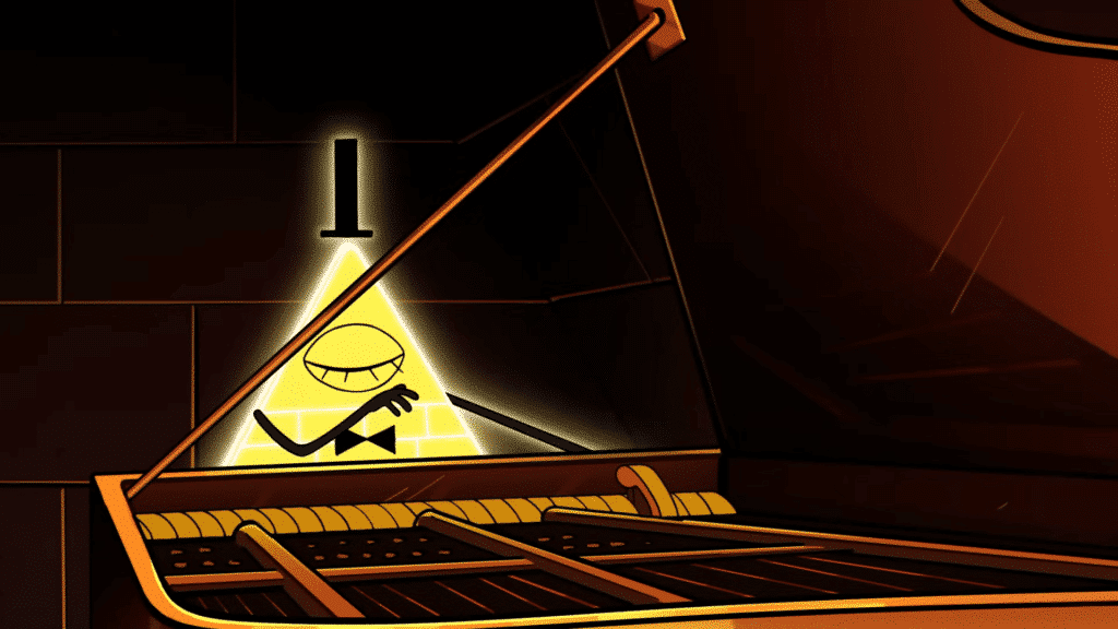 Bill Cipher sits at a piano.