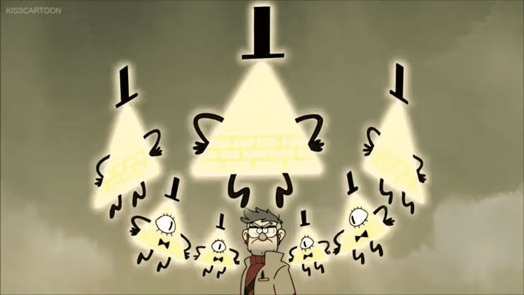 Multiple Bill Ciphers surround Ford in one of his dreams.