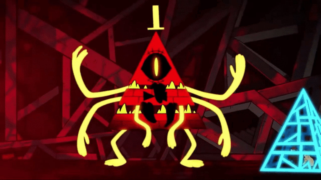 Bill Cipher stands as a horrifying version of himself with eight arms and three tongues.