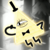 Bill Cipher floats with his finger on his "cheek."