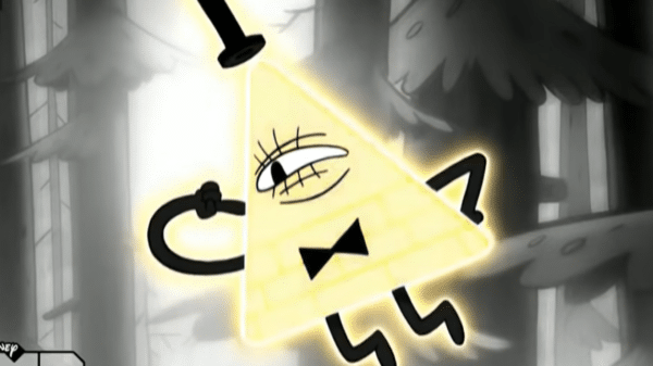 Bill Cipher floats with his finger on his "cheek."