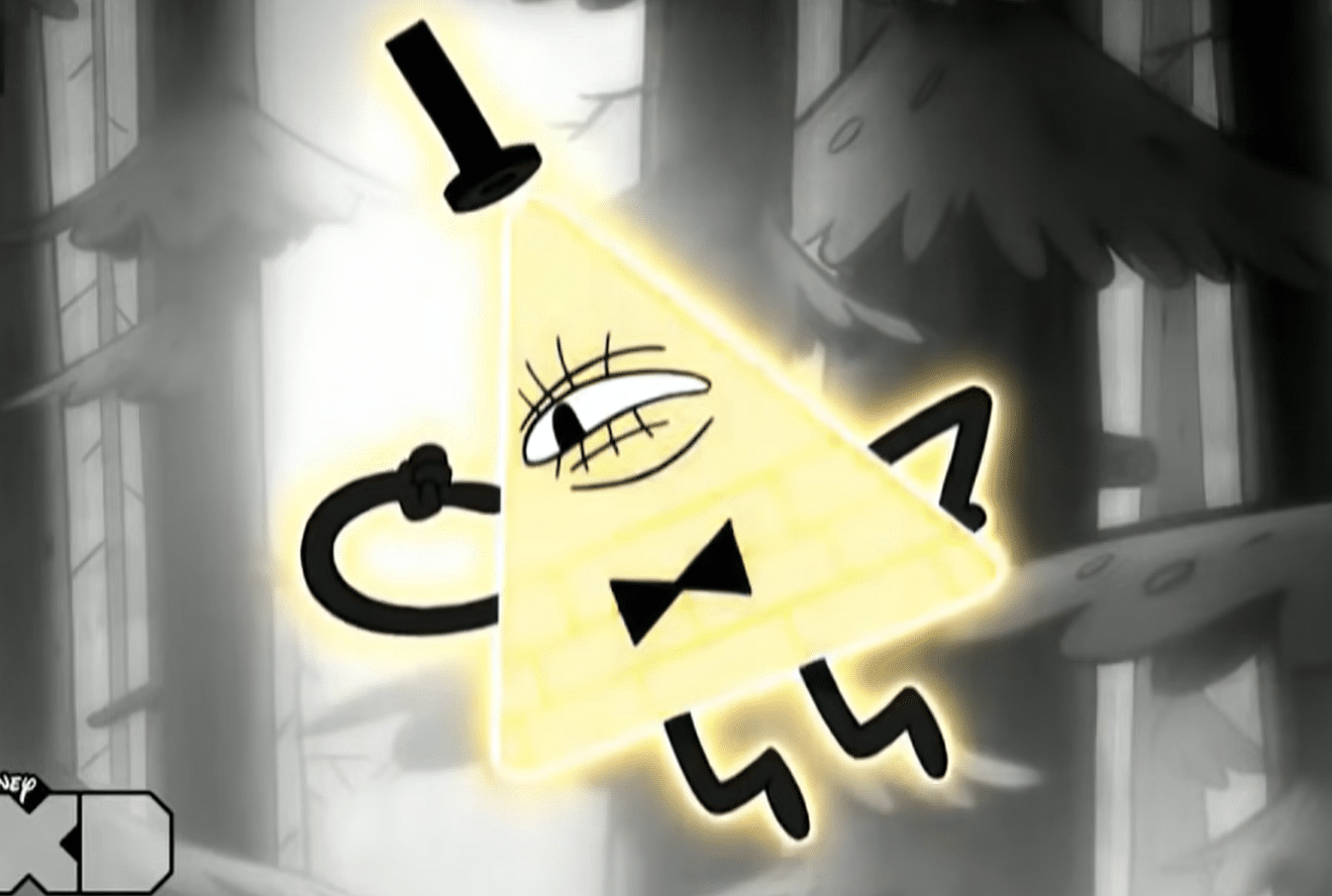 Bill Cipher floats with his finger on his "cheek."