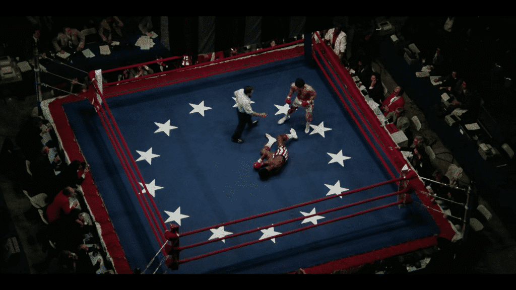 The first overhead shot of Creed after he was knocked down by Rocky in the first Rocky movie.