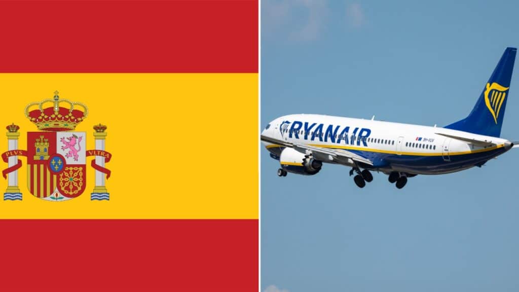 Spain versus Ryanair - the Spain flag next to Ryanair plane to represent conflict