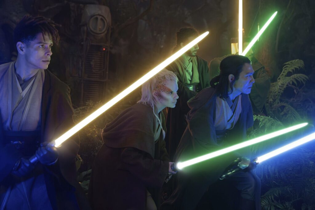 Jedi with their lightsabers out in Disney's Star Wars show The Acolyte.