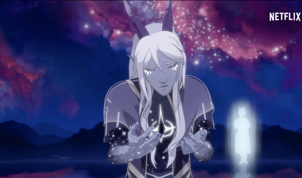 Aaravos cries about his daughter as a mysterious elf approaches
