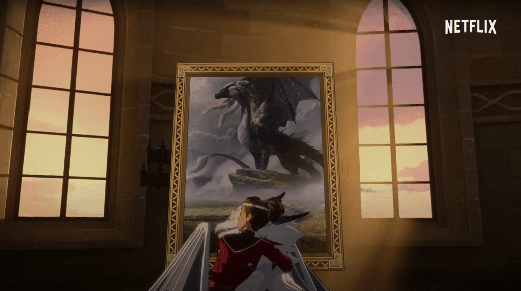 King Ezran and Zym the dragon look at a painting of the Dragon Queen