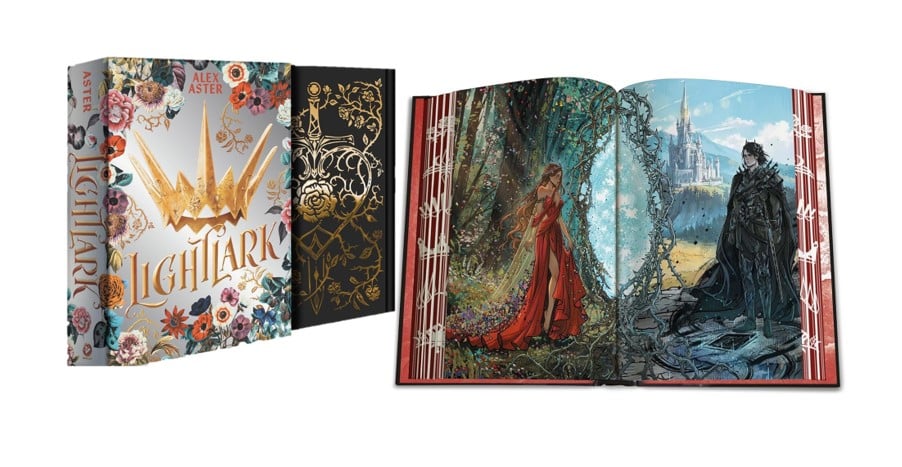 The slip case, hardcover embossing and inner artwork of the Lightlark Book