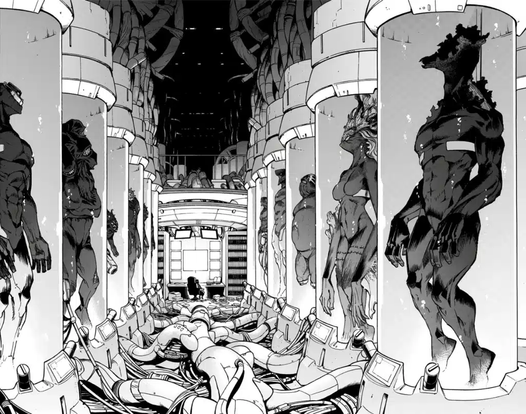 detailed sketch of disfigured monsters in glass cylinder tanks like babies in a uterus.