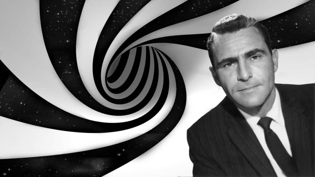 Rod Serling in The Twilight Zone. A man in a suit in front of an optical illusion. The photo is in black and white.