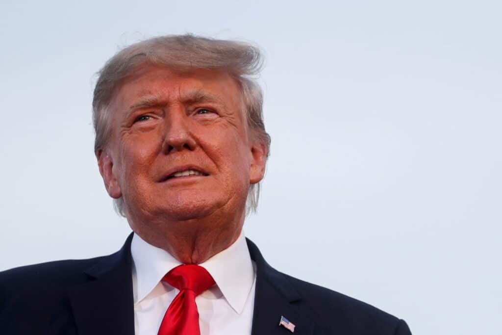 Donald Trump looks on during his first post-presidency campaign rally at the Lorain County Fairgrounds in Wellington, Ohio. Credit: Reuters/Shannon Stapleton