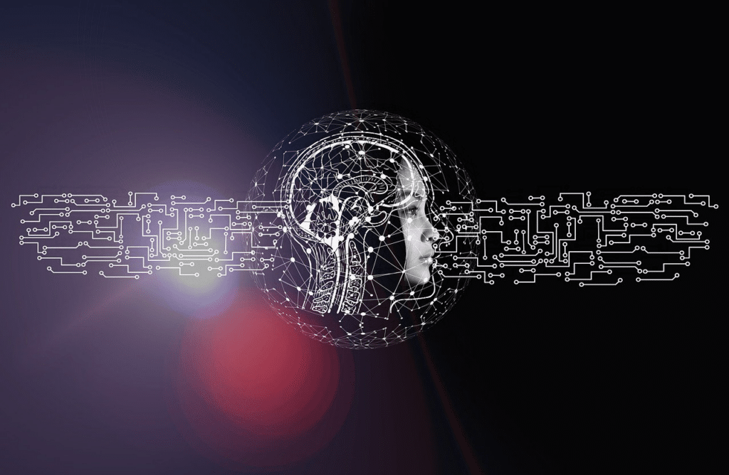 AI humanoid robot illustration with solar flare