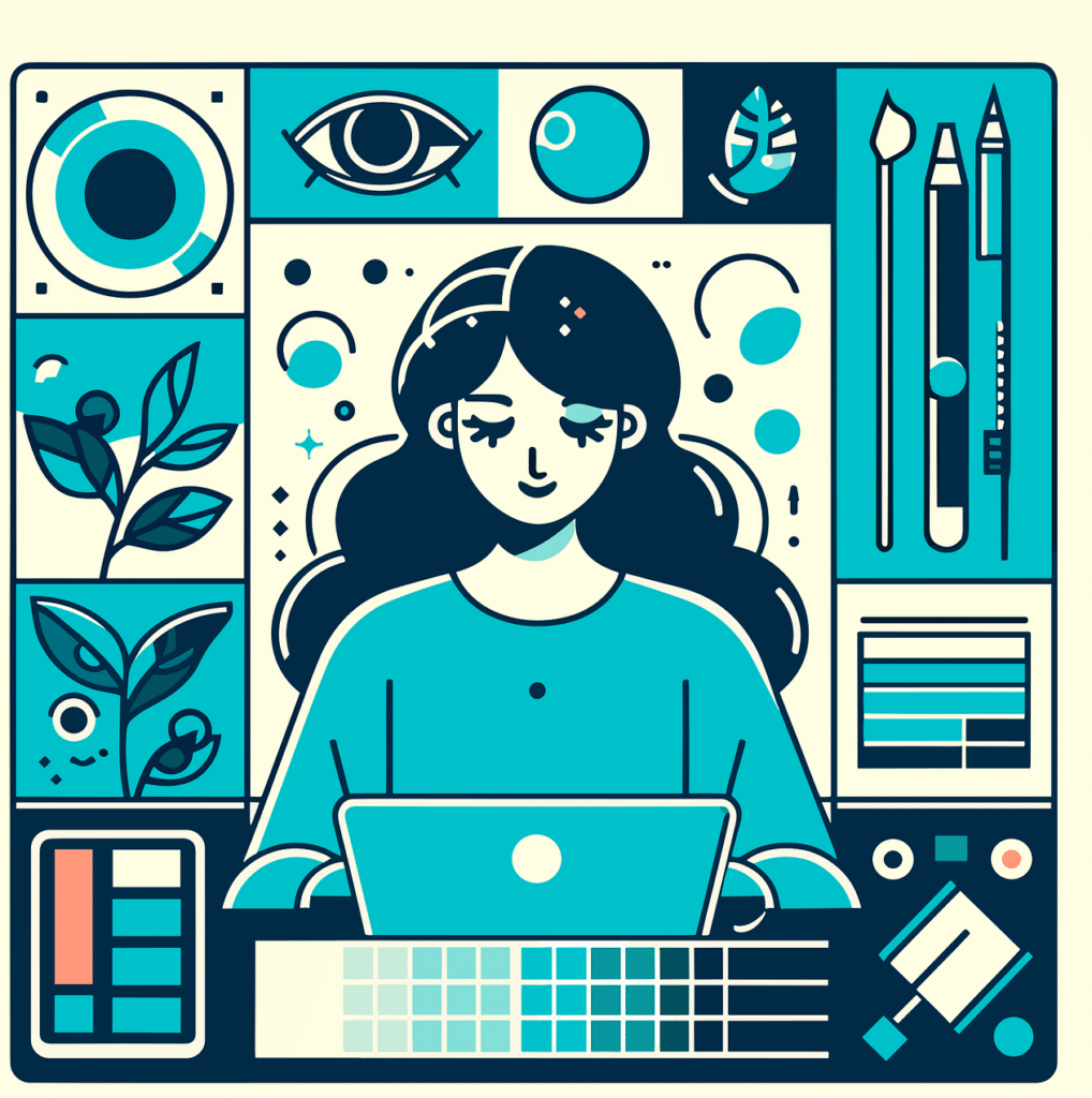A cartoon woman working on a laptop surrounded by creative materials