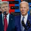 Trump and Biden shown with screenshots of social media comments that criticized their debate performance.