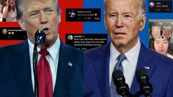 Trump and Biden shown with screenshots of social media comments that criticized their debate performance.