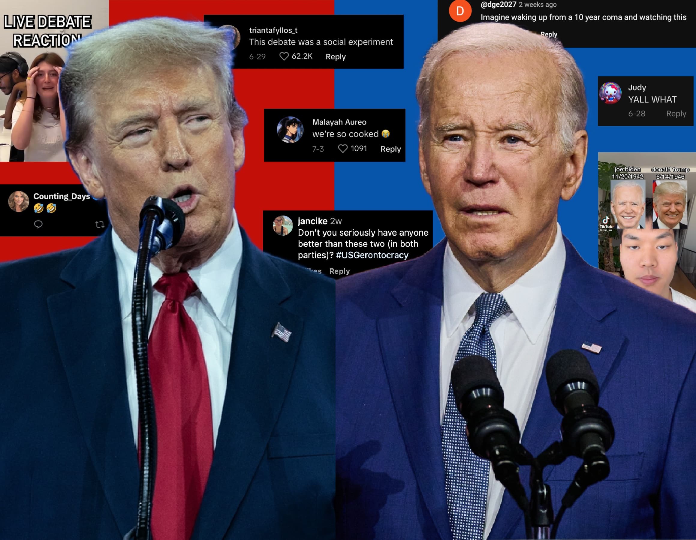 Trump and Biden shown with screenshots of social media comments that criticized their debate performance.