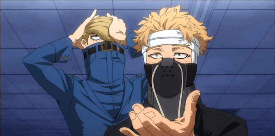 Injured Hawks gestures with hand while Jeanist stands behind him, gripping his own hair.