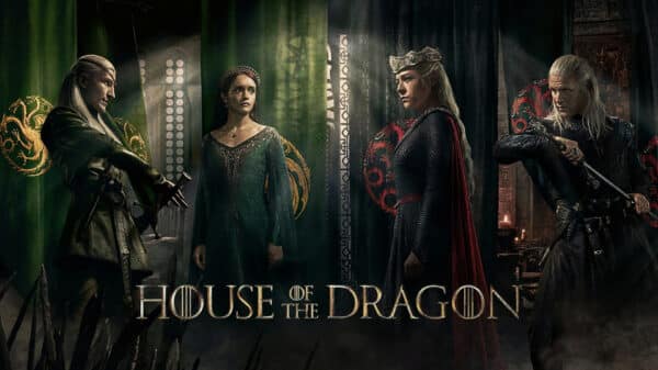 Aemond, Alicent, Rhaenyra, and Daemon in a House of the Dragon promotional image.
