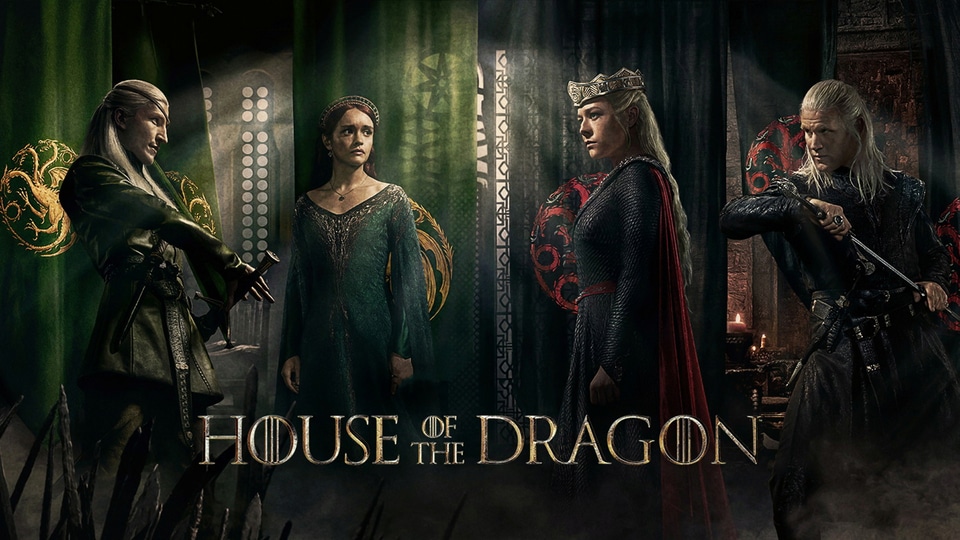 Aemond, Alicent, Rhaenyra, and Daemon in a House of the Dragon promotional image.