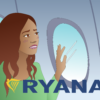 A female passenger flying with Ryanair looking out an airplane window looking worried