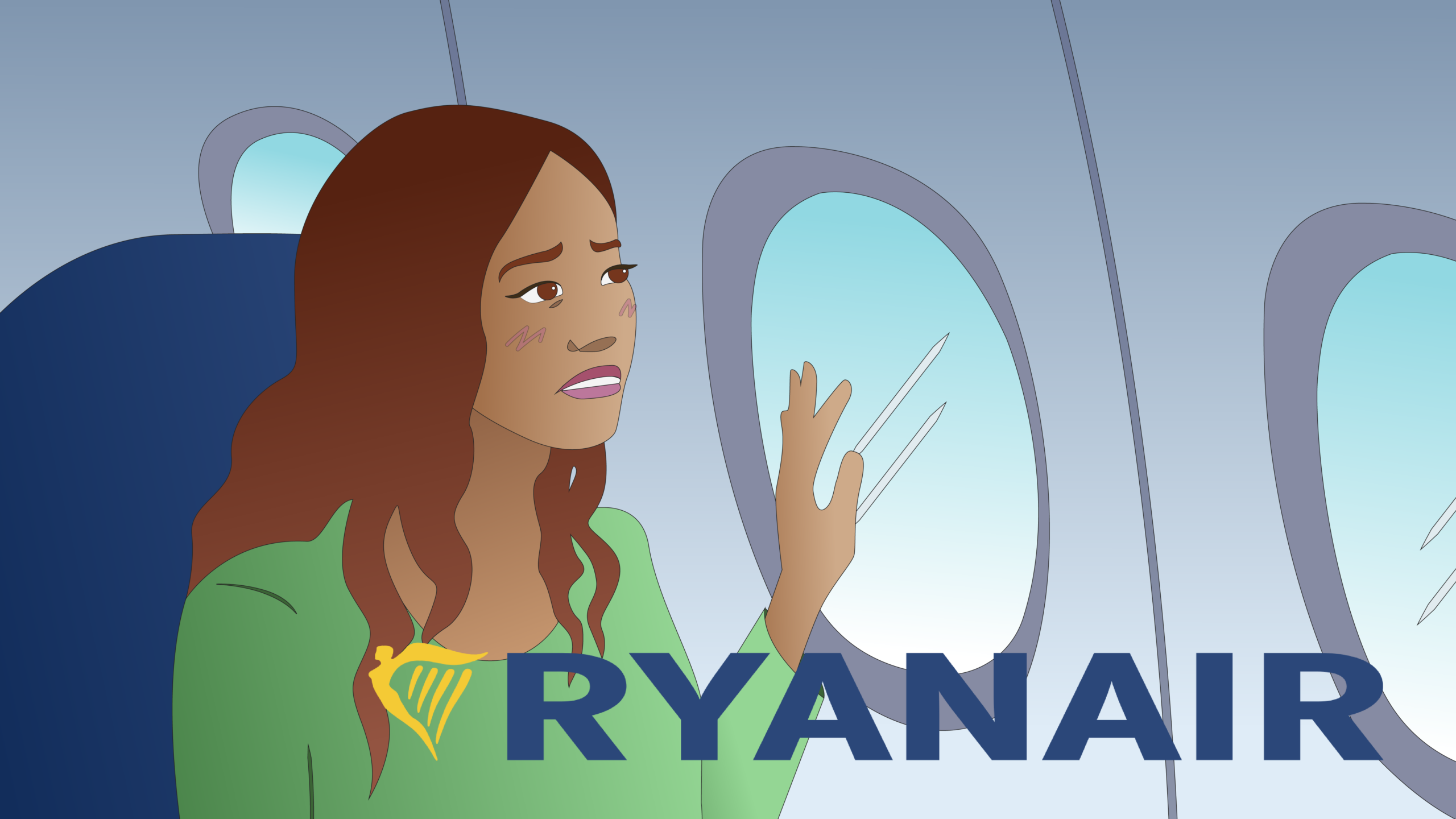 A female passenger flying with Ryanair looking out an airplane window looking worried