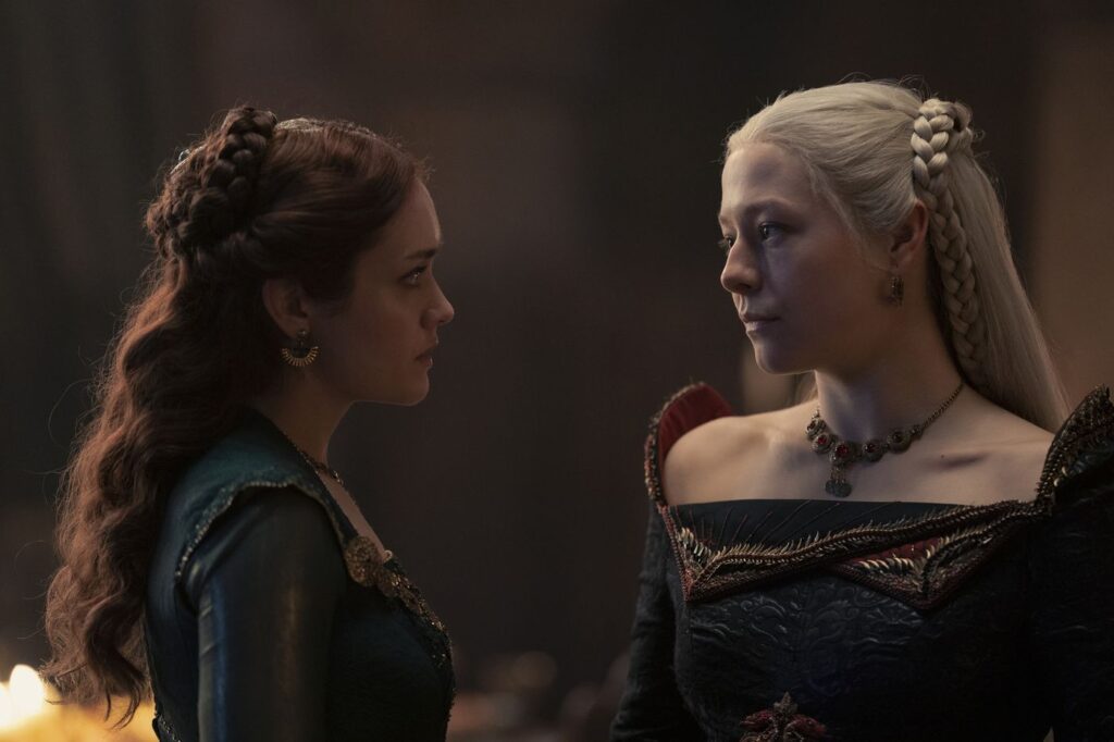 Alicent and Rhaenyra conversing.