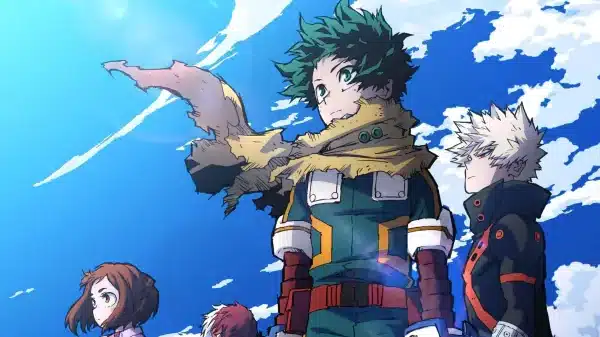 heroes posing and staring off into distance at the left.