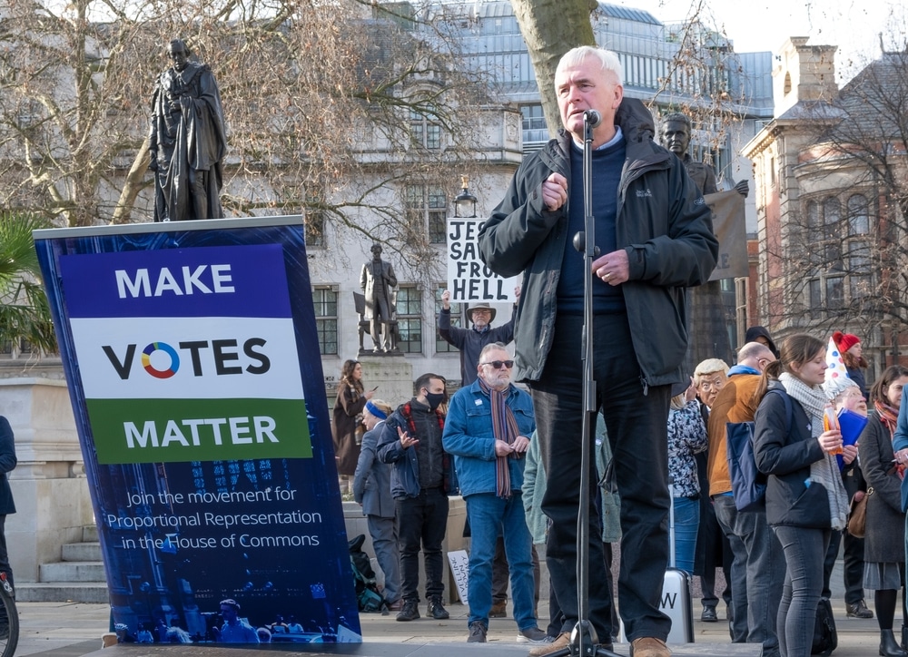 London, UK, 5th February 2022. Labour MP John Mcdonnell speaking at Make Votes Matter rally for electoral reform. Credit: John Gomex, Shutterstock