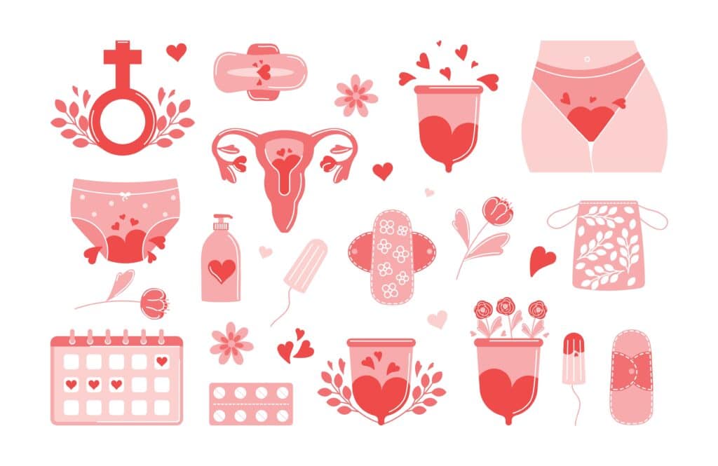 Illustrations of various feminine hygiene products and the menstrual cycle. Pink and white.