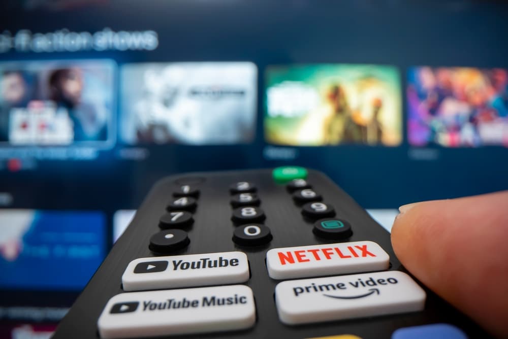 Close up of a tv remote with YouTube, YouTube Music, Prime Video, and Netflix buttons.