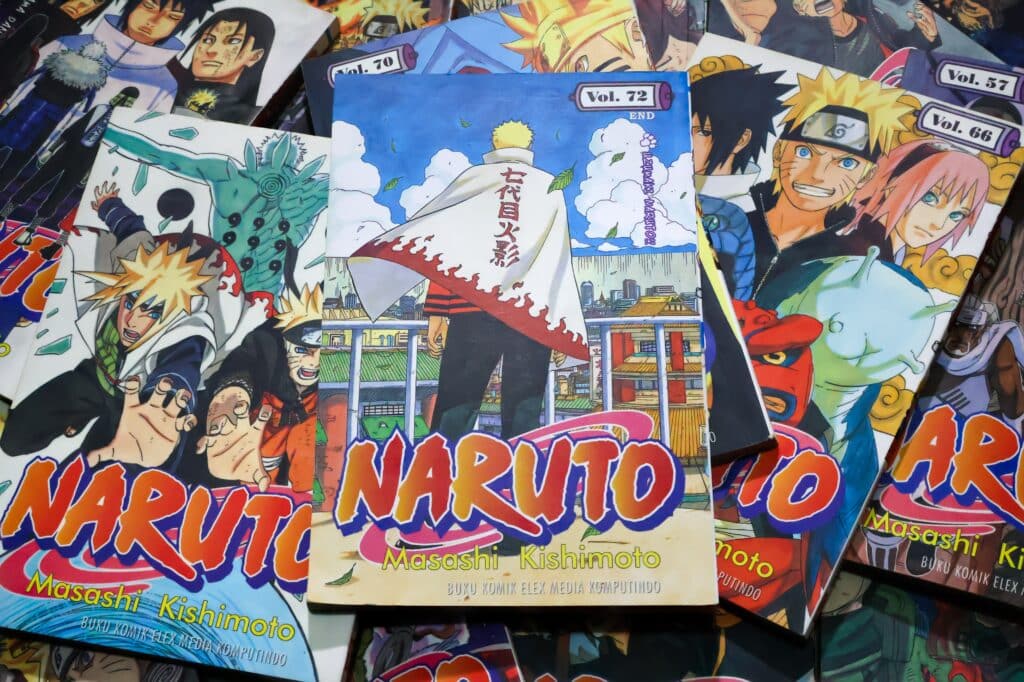 Close-up shot of Naruto comic books collection, japanese manga created by Masashi Kishimoto.