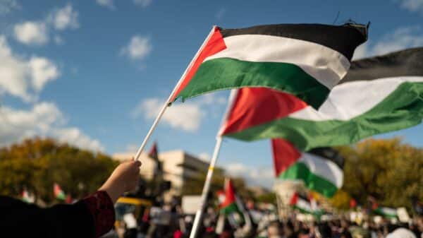 A hand holding up a Palestinian flag that flows in the wind in the middle of a crowd.