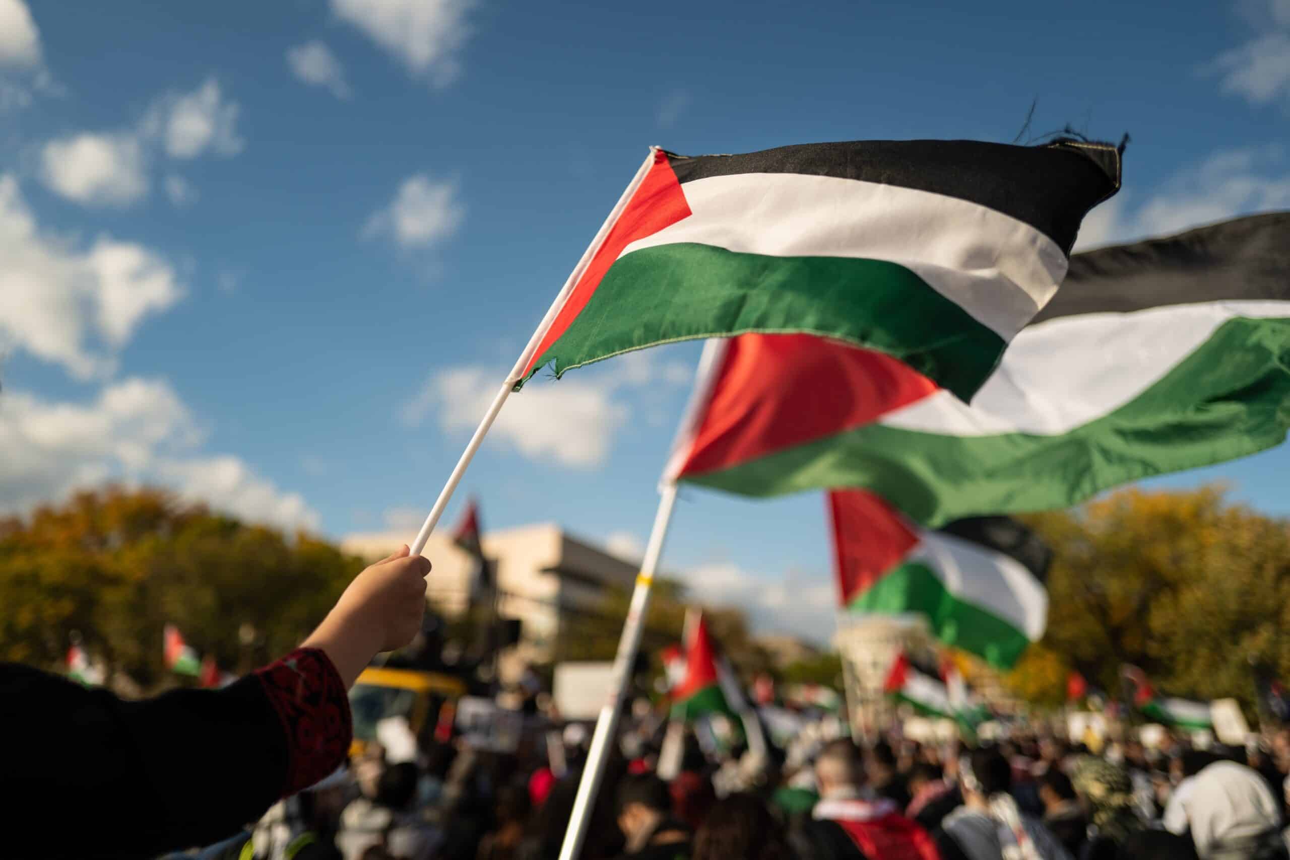 A hand holding up a Palestinian flag that flows in the wind in the middle of a crowd.