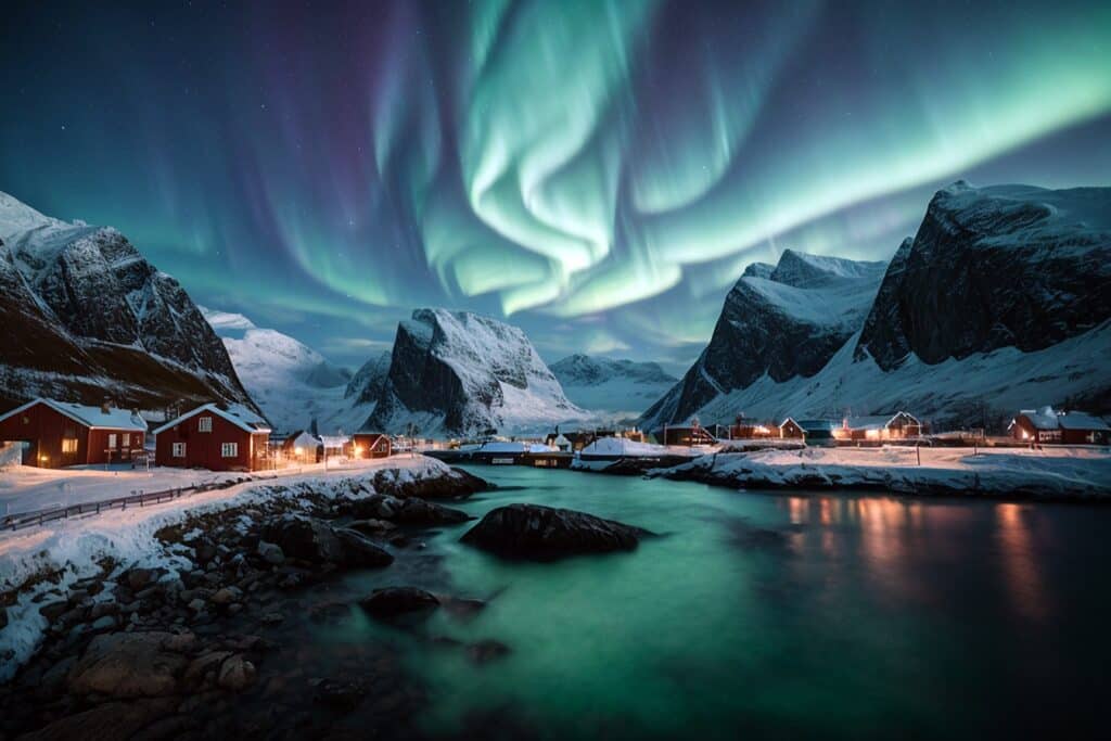 A body of water surrounded by mountains and houses, under blue aurora borealis.