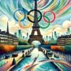 an artistic digital image of the seine river with the Eiffel tower and olympic rings in the background
